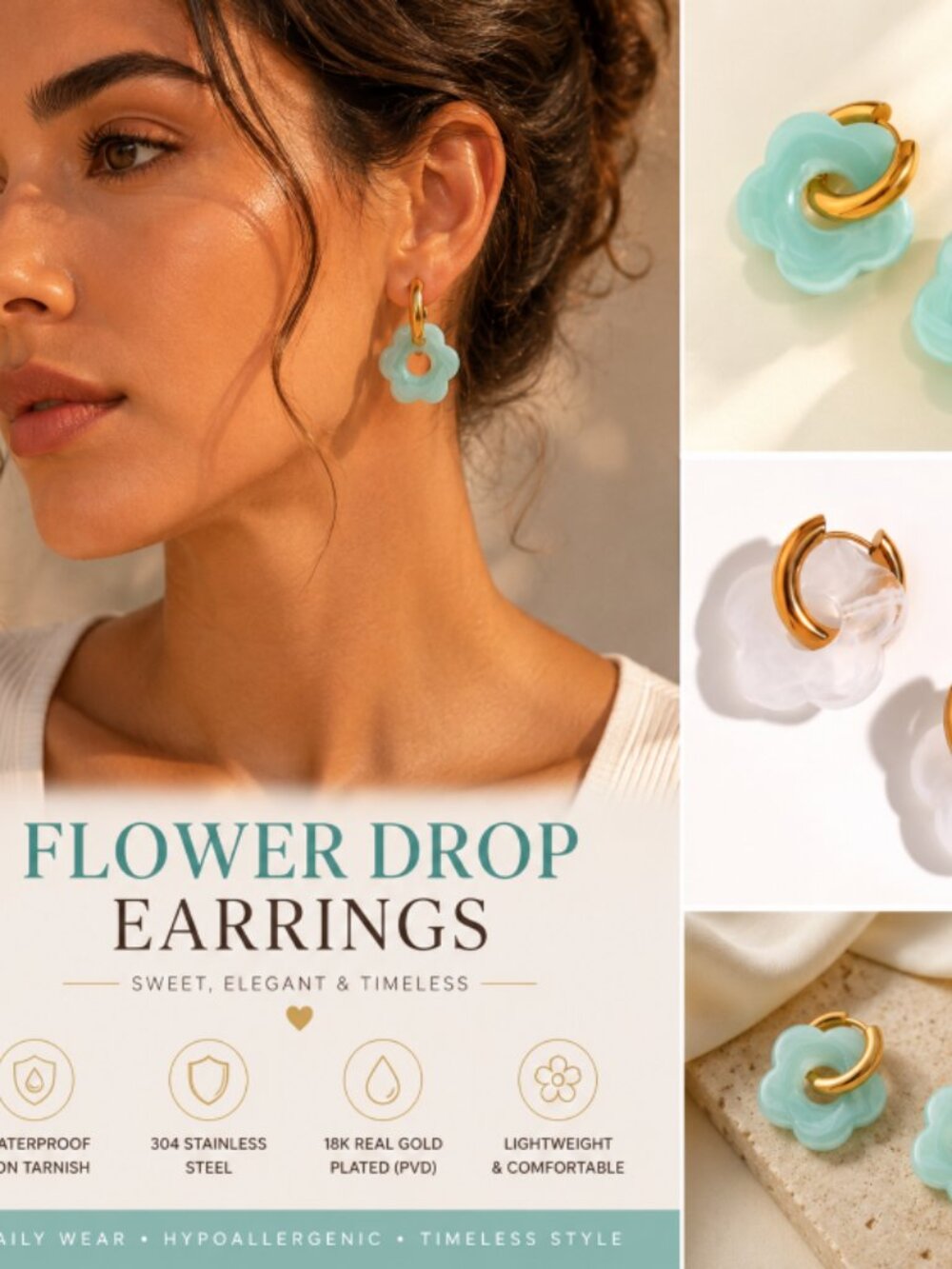 18K Gold PVD Waterproof Non Tarnish Flower Acrylic Drop Earrings Stainless Steel